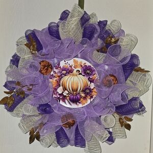 Purple and Gold Mesh Wreath with Pumpkin Design